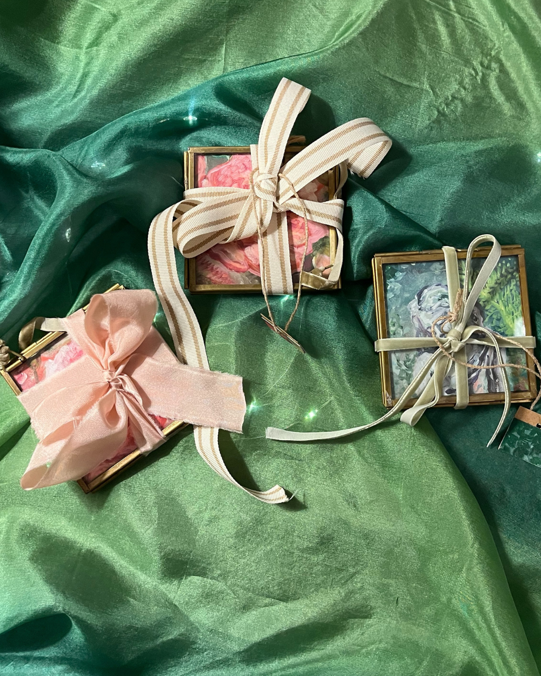 Single Small Hanging Glass And Brass Framed Art Print Christmas Ornament 3" x 3"