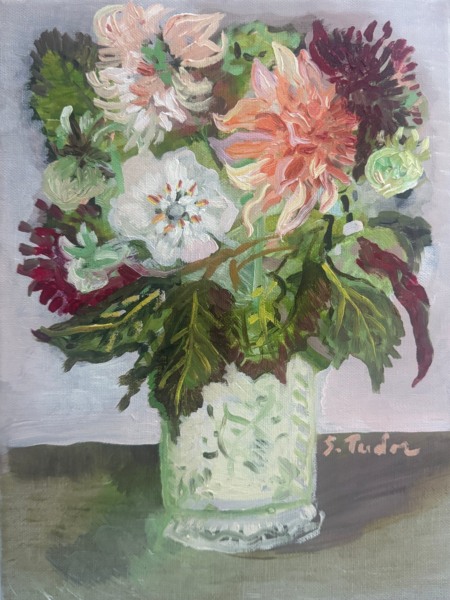 ORIGINAL Painting- Reverie III in Red and Green- The Last Dahlias