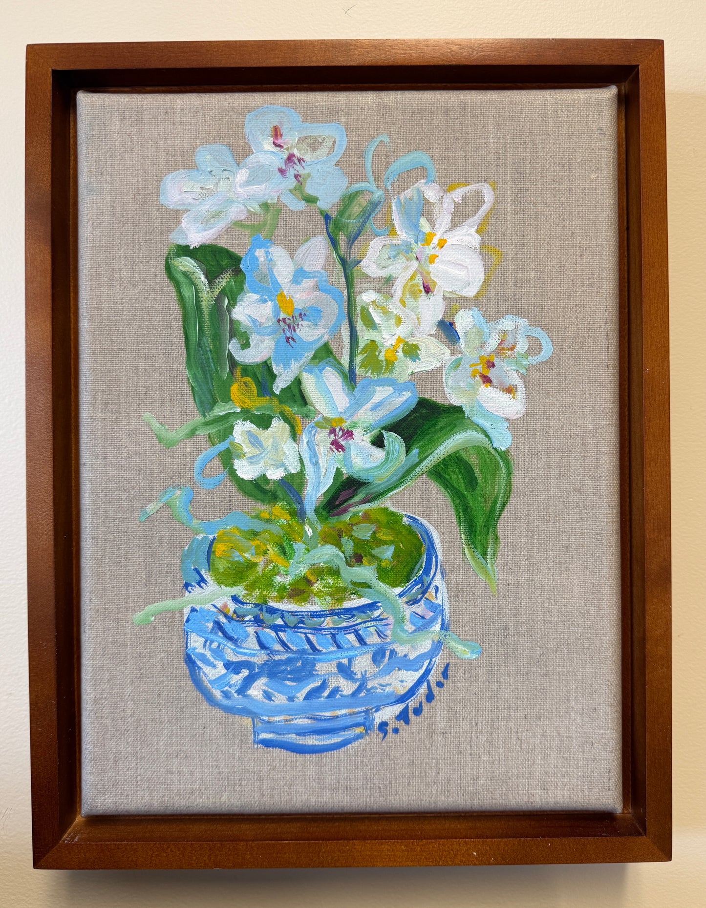 ORIGINAL White Orchids in Chinoiserie Pot (Oil on stretched Linen canvas- framed