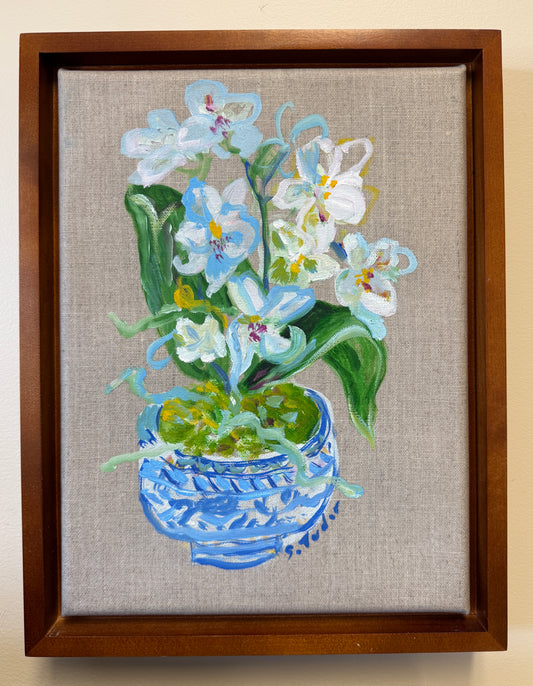 ORIGINAL White Orchids in Chinoiserie Pot (Oil on stretched Linen canvas- framed
