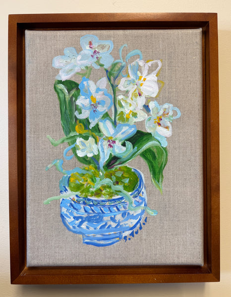ORIGINAL White Orchids in Chinoiserie Pot (Oil on stretched Linen