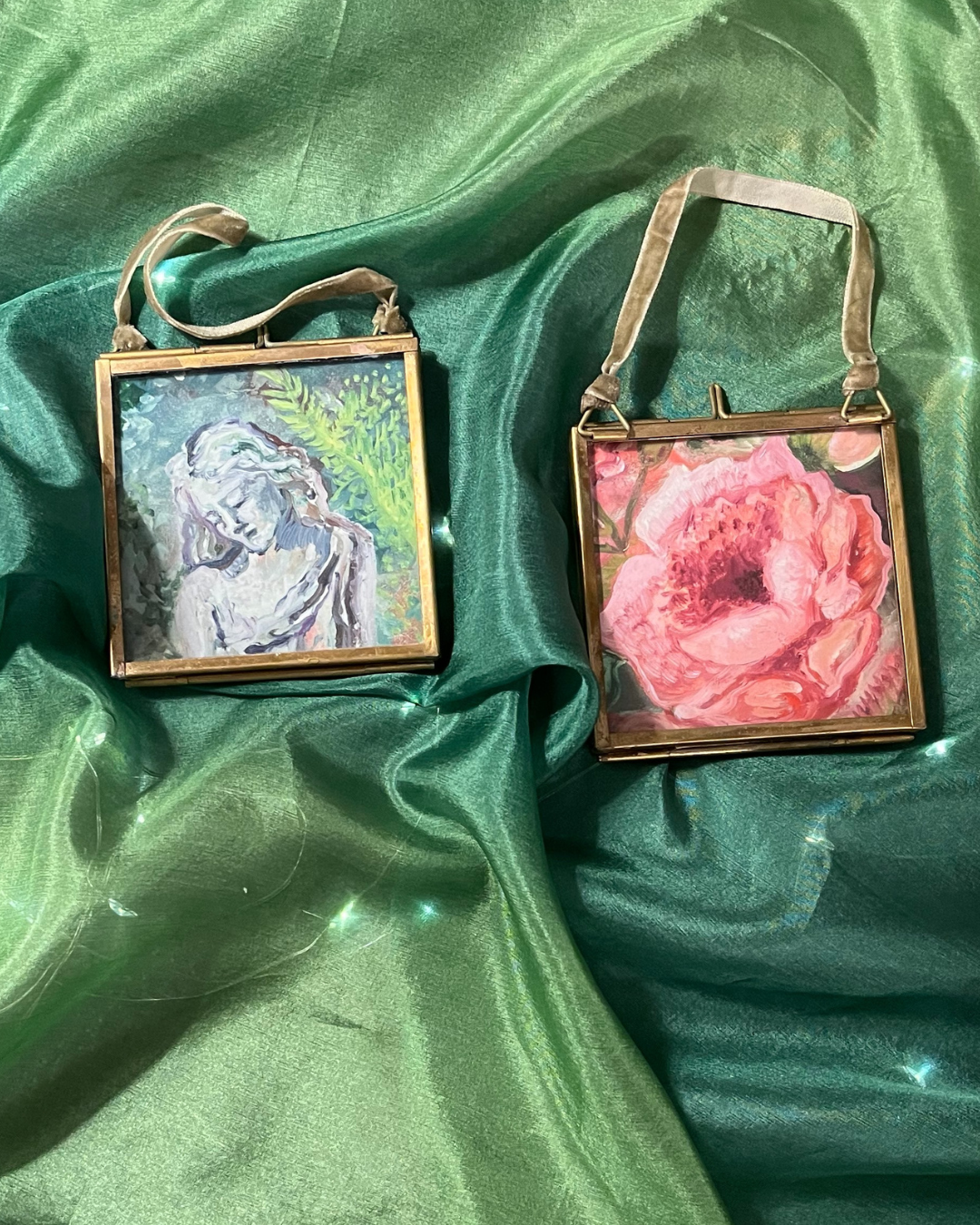 Single Small Hanging Glass And Brass Framed Art Print Christmas Ornament 3" x 3"