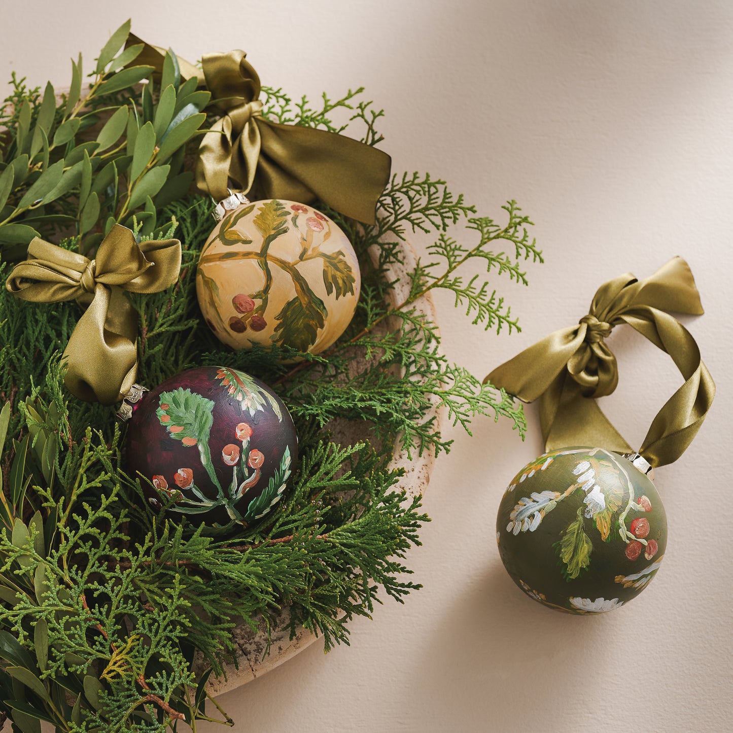 Hand-Painted Bisque Ball Ornaments — Winter Berries Collection