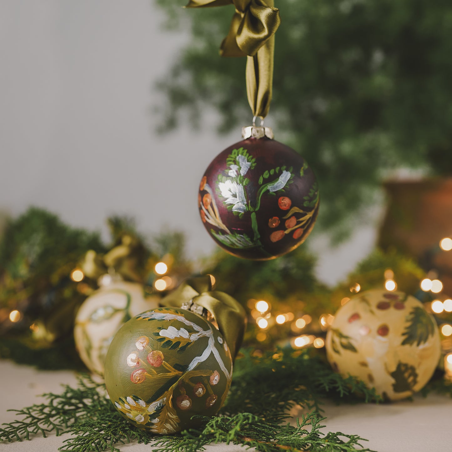Hand-Painted Bisque Ball Ornaments — Winter Berries Collection