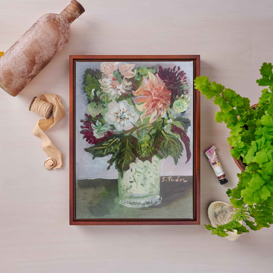 ORIGINAL Painting- Reverie III in Red and Green- The Last Dahlias