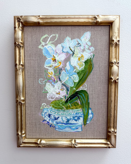 ORIGINAL White Orchids in Chinoiserie Pot with Moss- Champagne Bamboo Frame (Oil on Linen)