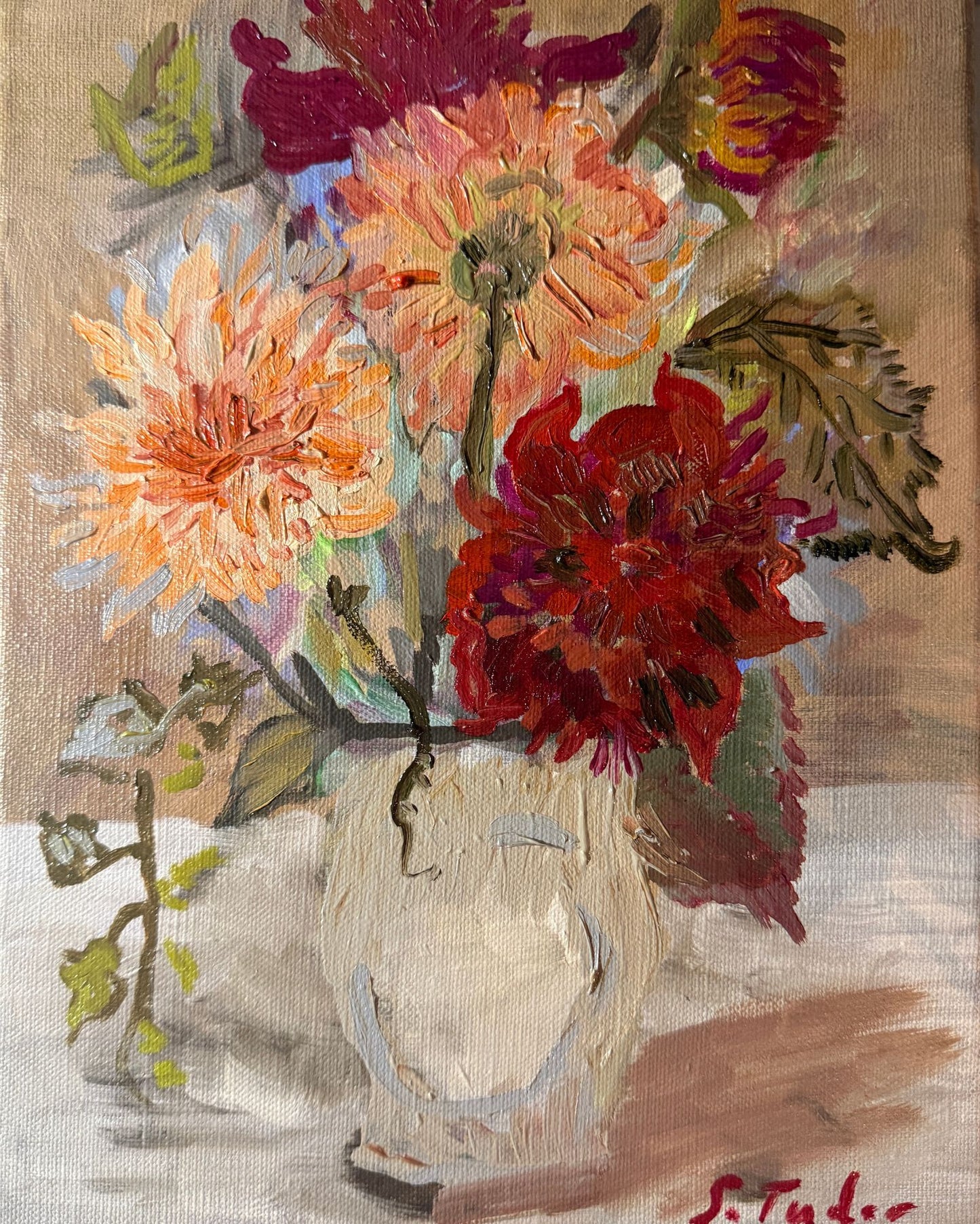 ORIGINAL Painting- Reverie II in Red and Green- The Last Dahlias