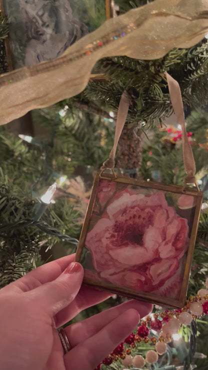 Single Small Hanging Glass And Brass Framed Art Print Christmas Ornament 3" x 3"