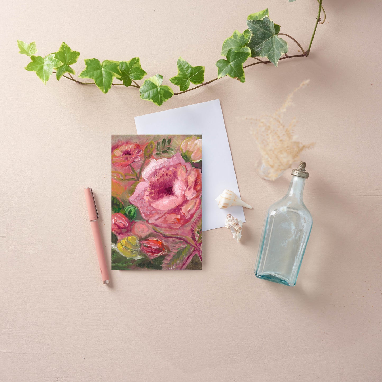 Individual Rose and Snail Folded Notecard