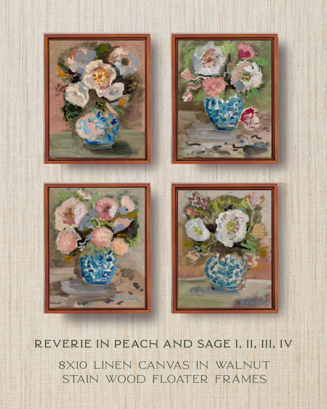 Four framed paintings of floral arrangements with a vase on a textured wall.