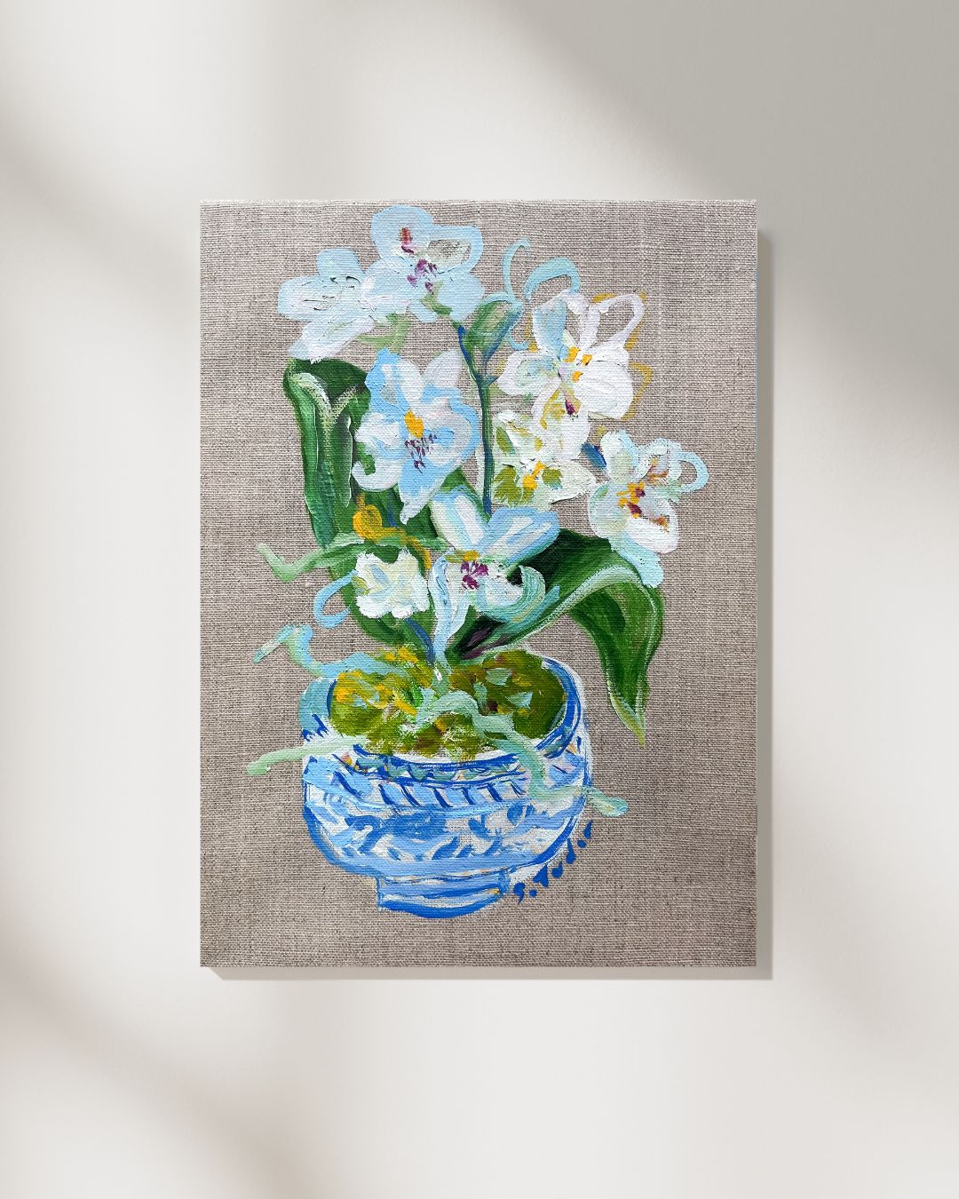 ORIGINAL White Orchids in Chinoiserie Pot (Oil on stretched Linen